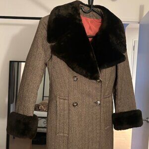 Vintage 1930s 1920 Quality Black Faux Fur Collar Coat Plaid Herringbone Coat XS